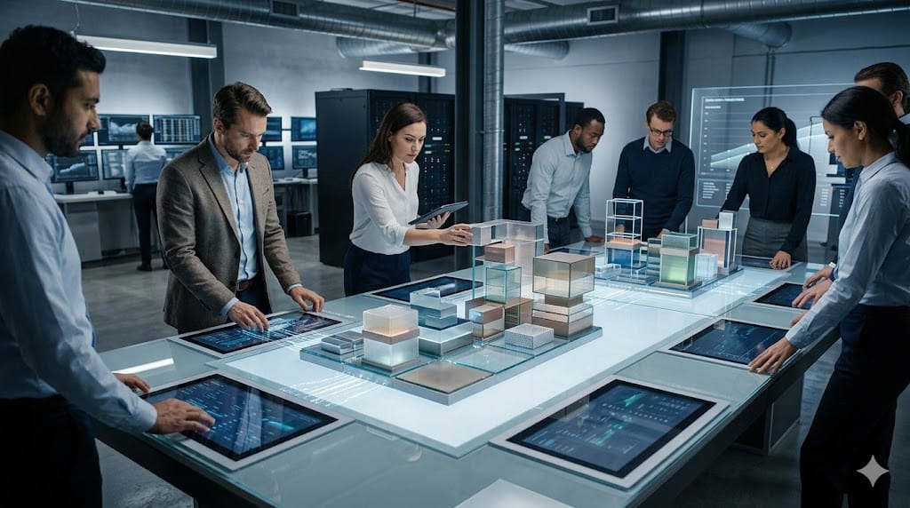 A team collaboratively shaping modular financial structures that adapt to different performance scenarios, illustrating tailored carried interest models