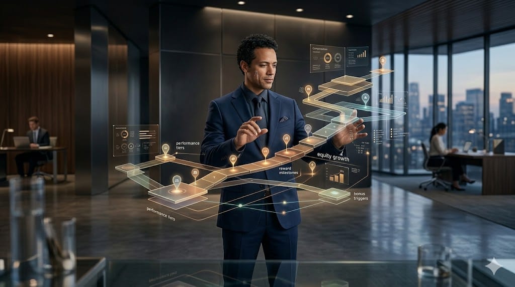 Business professional analyzing tailored incentive and compensation structures with dynamic performance-based reward visuals
