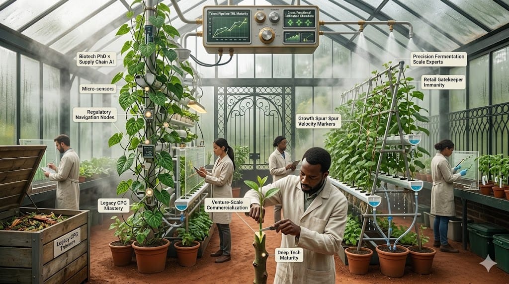 Botanic talent forge where CPG headhunters cultivate next-gen innovation leaders from seed-stage biotech PhDs and AI supply chain prodigies, transplanting hybrid executives into "Disruptive Scale Leadership" trellises while pruning legacy retail thinkers amid 2026 regulatory hothouse pressures.