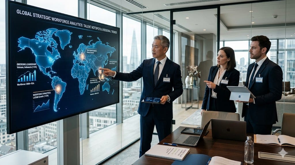 Executive analyzing global talent hotspots and emerging leadership regions in a premium office