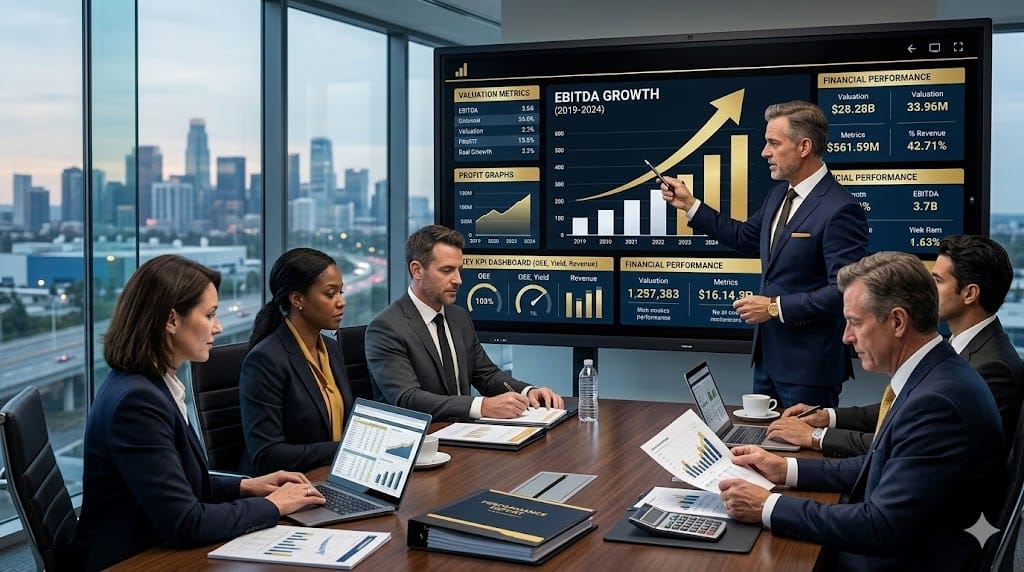 Executives analyzing EBITDA growth and business performance charts in manufacturing strategy meeting