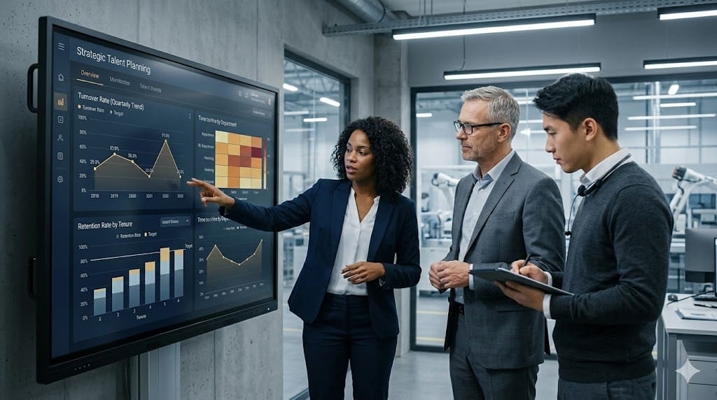 A realistic, eye-level shot of a modern, sunlit conference room where a diverse team of HR and operations leaders are gathered around a large, wall-mounted digital dashboard. The screen displays real-time metrics like "Turnover Rate," "Time-to-Hire," and "Retention Rate" with clean, modern charts. The lighting is a mix of cool, ambient light and the soft glow of the screen, creating a focused, data-driven atmosphere. The palette should be a sophisticated blend of deep navy, slate gray, and subtle amber highlights, avoiding garish neons.
