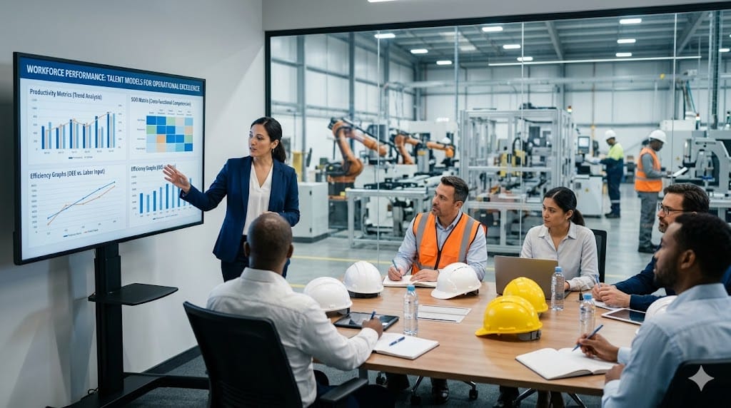 Operations leaders discussing workforce planning and talent strategy in modern industrial training room with performance charts