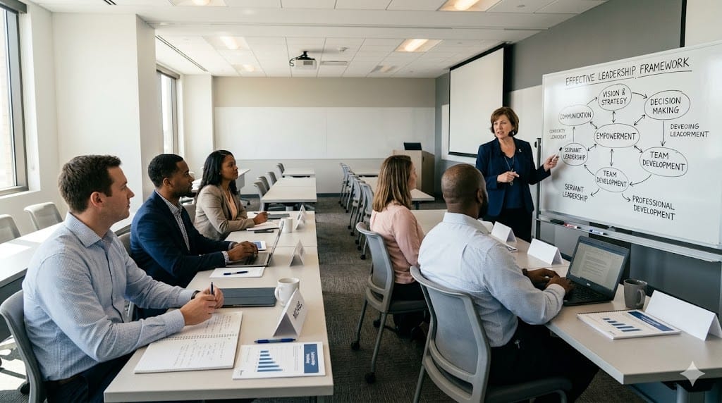Professionals attending leadership training session focused on career growth beyond field experience