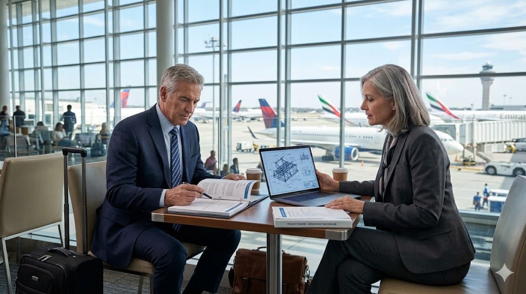 Executives meeting in airport lounge discussing engineering project hiring