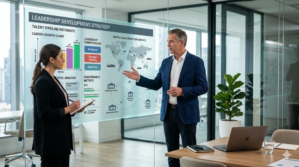 Senior executive mentoring future supply chain leader with career planning charts, performance growth graphs, and leadership development discussion in a modern office