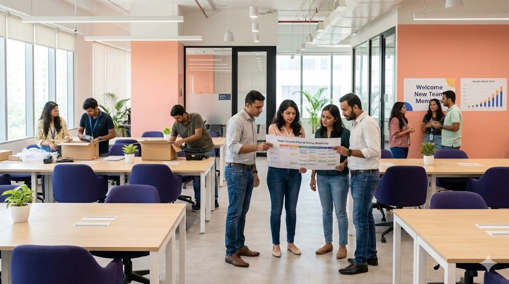 Fast-growing leadership team collaborating in a vibrant open workspace, illustrating team integration and culture alignment during a hypergrowth phase.