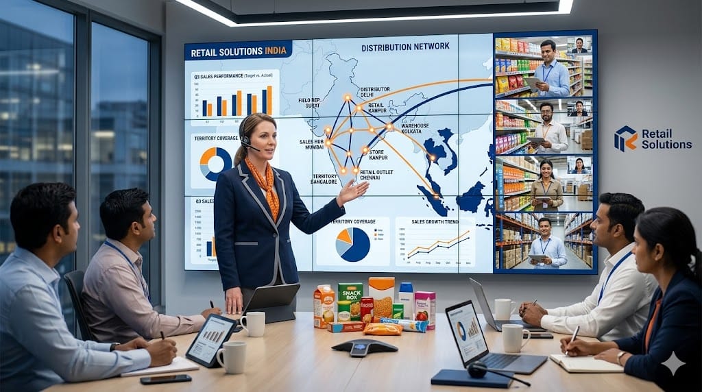 Sales leader managing field sales team across multiple locations with digital map dashboard and retail performance tracking