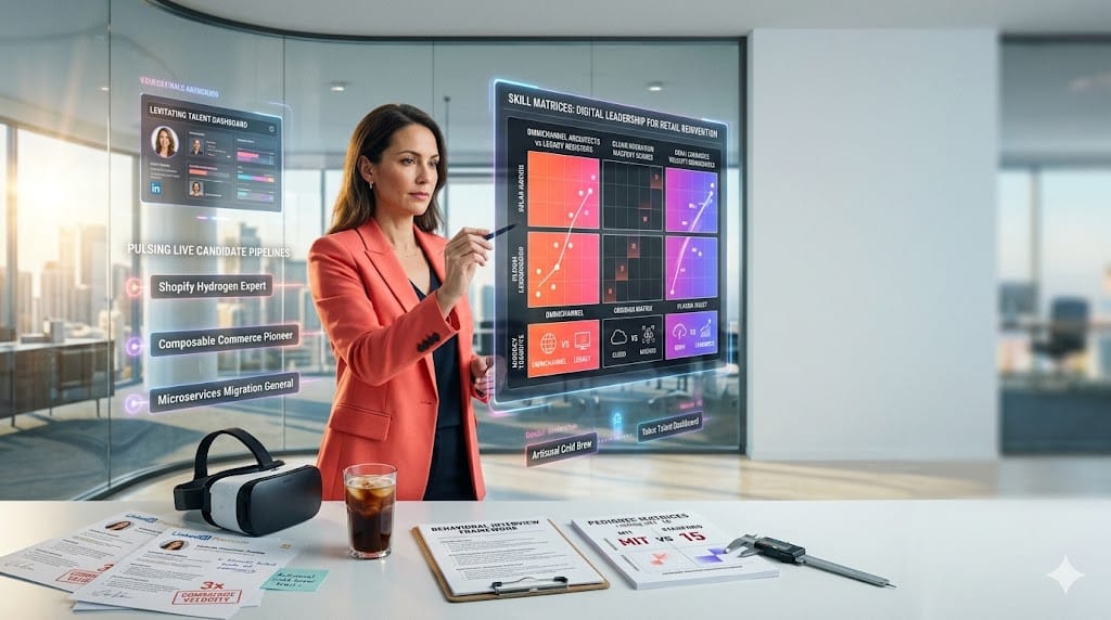 executive recruiter identifying digital transformation CTO for retail, evaluating AI-commerce candidates through talent analytics in modern headhunting suite.
