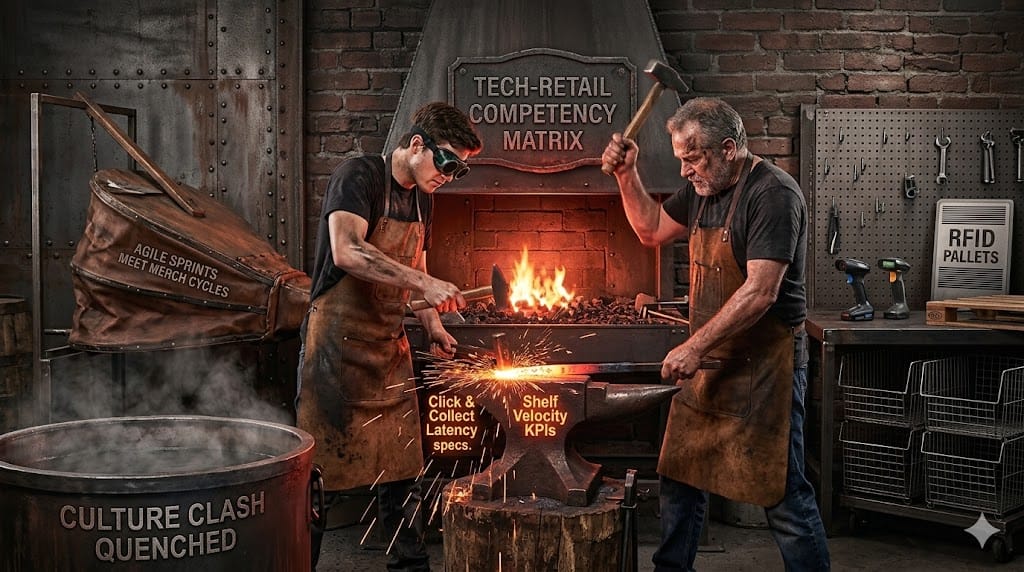  Industrial forge workshop where tech engineers and retail veterans hammer a glowing hybrid anvil—left side sparks Shopify API code streams merging with right side Kroger planogram blueprints, forging unified team culture through molten "Omnichannel Competency Matrix" while bridging digital natives and store operators.