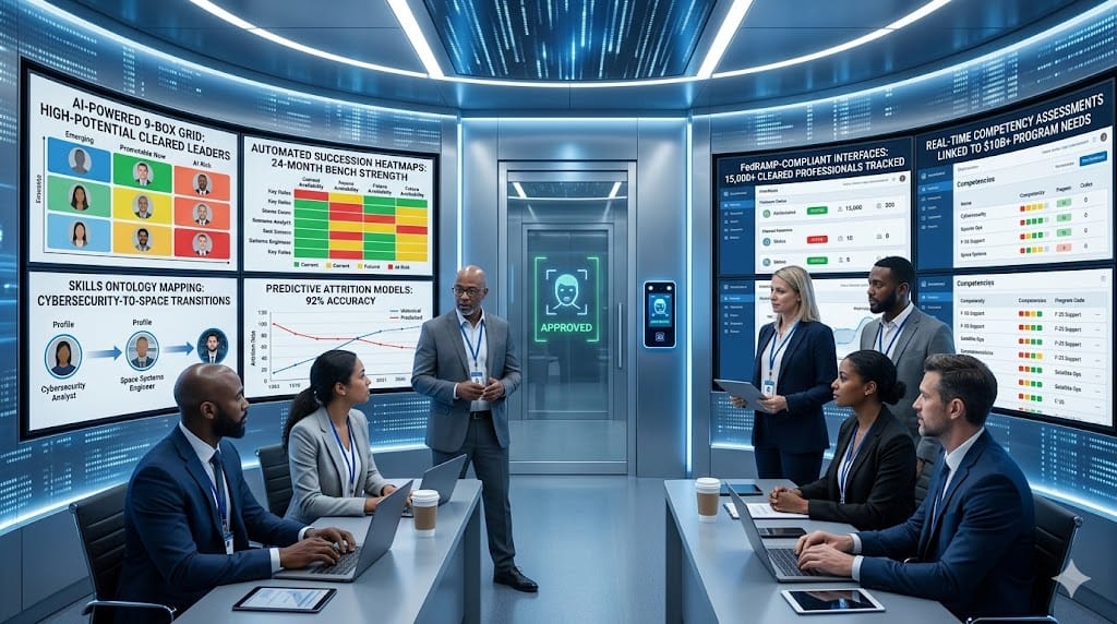 Realistic landscape photo of defense contractors leveraging AI-driven talent management platforms, showing HR analysts and C-suite leaders monitoring real-time succession pipelines, skill gap analytics, and high-potential identification dashboards on secure enterprise systems in a modern talent operations center.