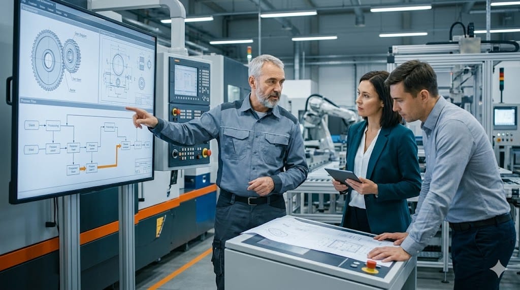 Senior manufacturing engineer explaining technical system to leadership team on factory floor