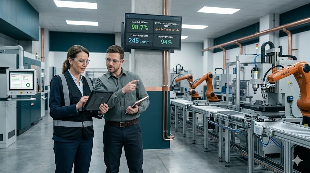 Manufacturing executive overseeing smart factory systems and Industry 4.0 integration with connected machinery and real-time production analytics.