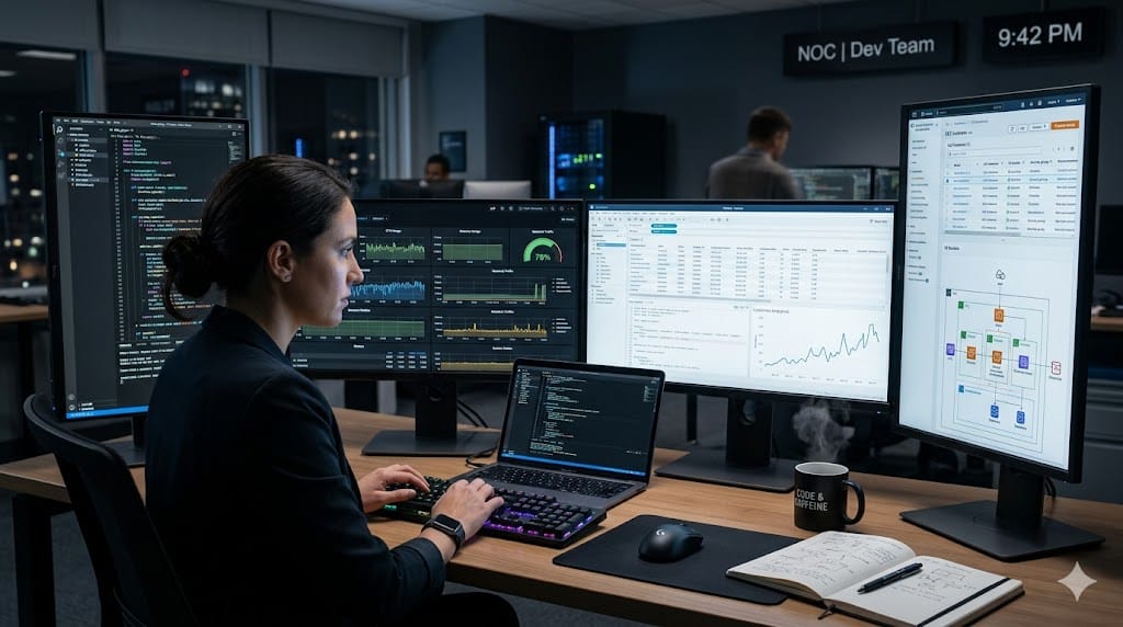 IT professional working with multiple monitors showing software tools data platforms and analytics dashboards in modern tech workspace