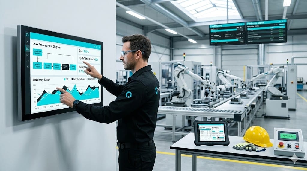 Lean manufacturing with digital technology showing engineer using automation dashboard with production line and process improvement charts