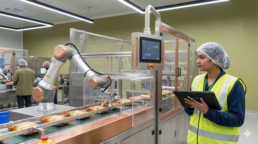 Operations manager using a tablet to monitor automated machinery and conveyor systems inside a modern manufacturing facility, illustrating technology integration for operational efficiency.