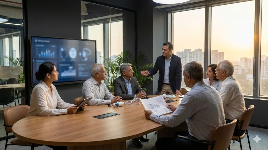 Diverse medical device executive team reviewing innovation strategy in a modern headquarters overlooking a city skyline at sunrise.