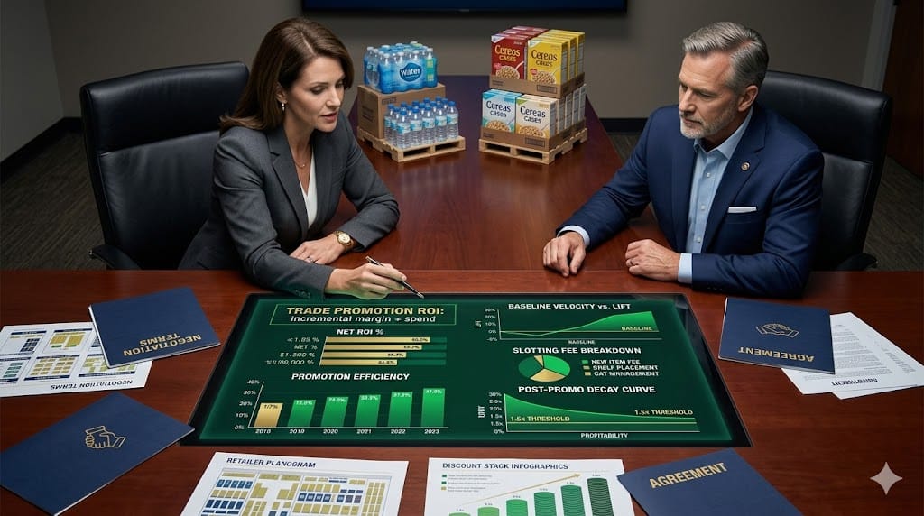 Sharp CPG negotiator at conference table analyzing trade spend ROI charts and slotting fee contracts, with green profit graphs, promotion lift metrics, and retailer shelf placement visuals signaling strategic deal-making.