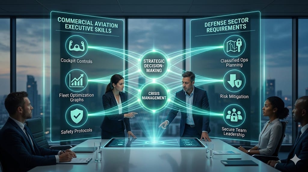 Strategic landscape illustration of transferable skills mapping as a foundation for alignment, showing interconnected nodes linking aviation leadership icons (pilots, jets) to defense symbols (security badges, mission briefs) across a dynamic skills matrix bridge in a high-tech executive strategy room.