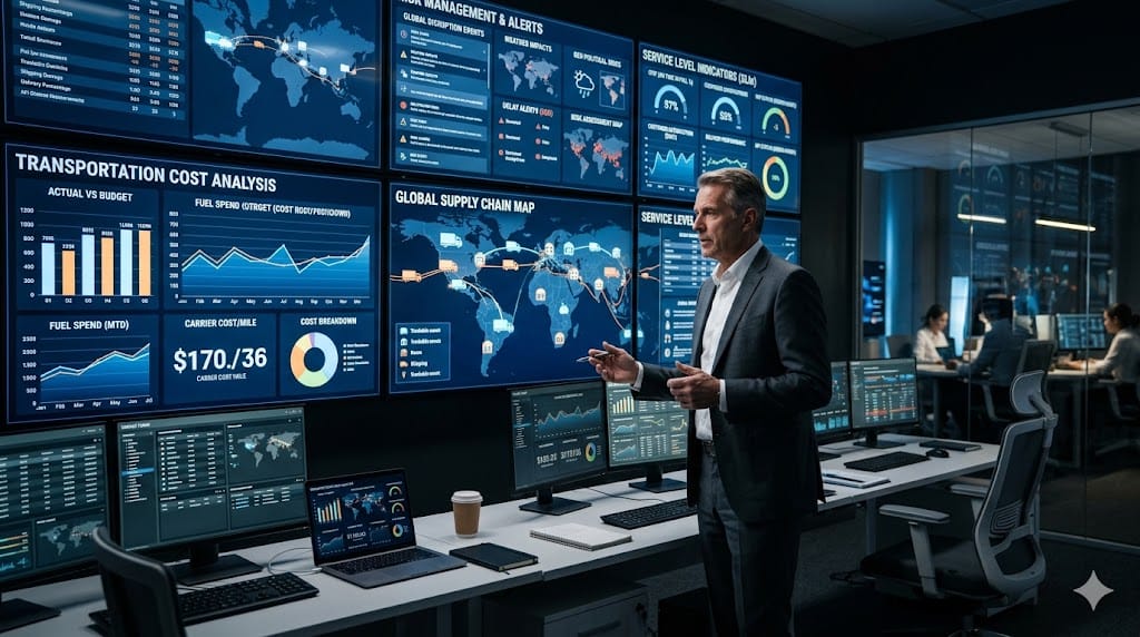 Transportation control tower monitoring cost, service levels, and risk metrics with logistics dashboards, delivery tracking, and performance charts on large screens