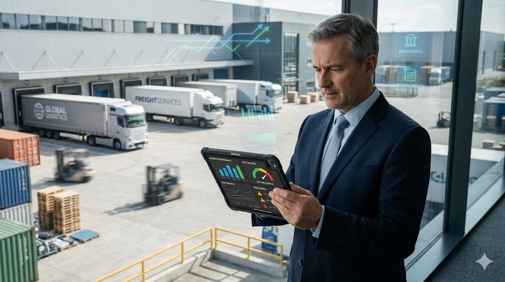 Transportation manager reviewing KPI dashboard and governance metrics on tablet with trucks and logistics operations in background