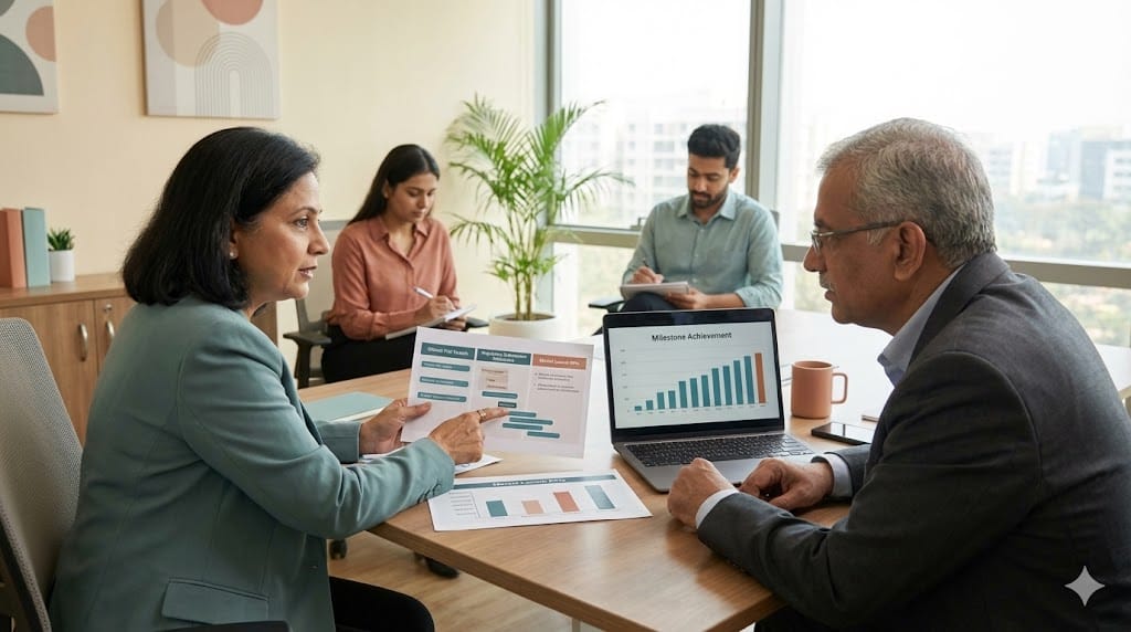 Medical device or pharmaceutical executives discussing incentive plans tied to clinical, regulatory, and market milestones in a modern office, analyzing performance metrics and strategic outcomes.