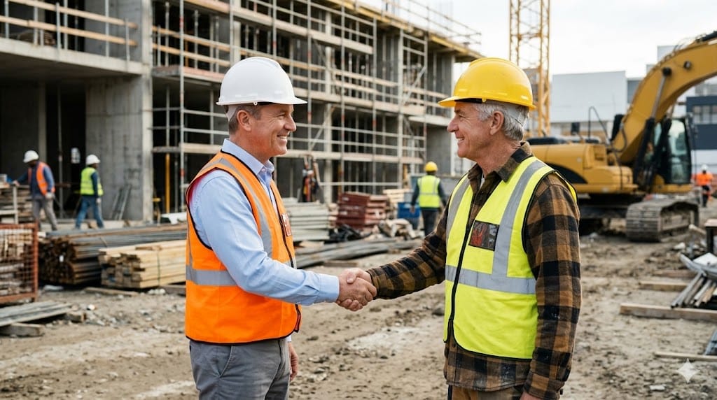 Construction executive shaking hands with union leader at project site