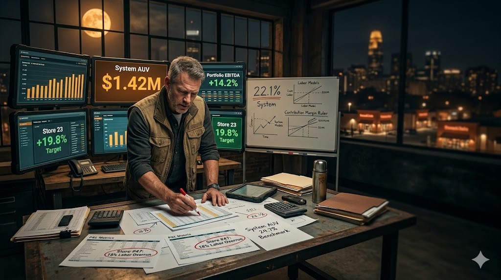 multi-unit franchise operator enforcing unit economics discipline across portfolio, analyzing AUV profitability matrices and labor optimization dashboards.