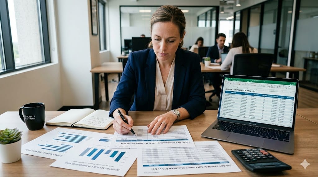 Salary benchmark reports and financial documents on desk showing role and sector comparison