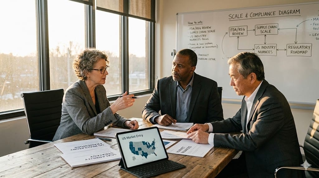 A realistic, eye-level shot of a diverse group of senior leaders in a modern, sunlit conference room, gathered around a large table. On the table are documents titled "US Regulatory Framework," "Scalability Strategy," and "Market Nuances." A tablet displays a "US Market Entry" map. The lighting is warm and natural, highlighting the focused discussion. The palette should be professional and grounded: warm wood tones, soft grays, and muted blues, avoiding sterile or overly bright colors.