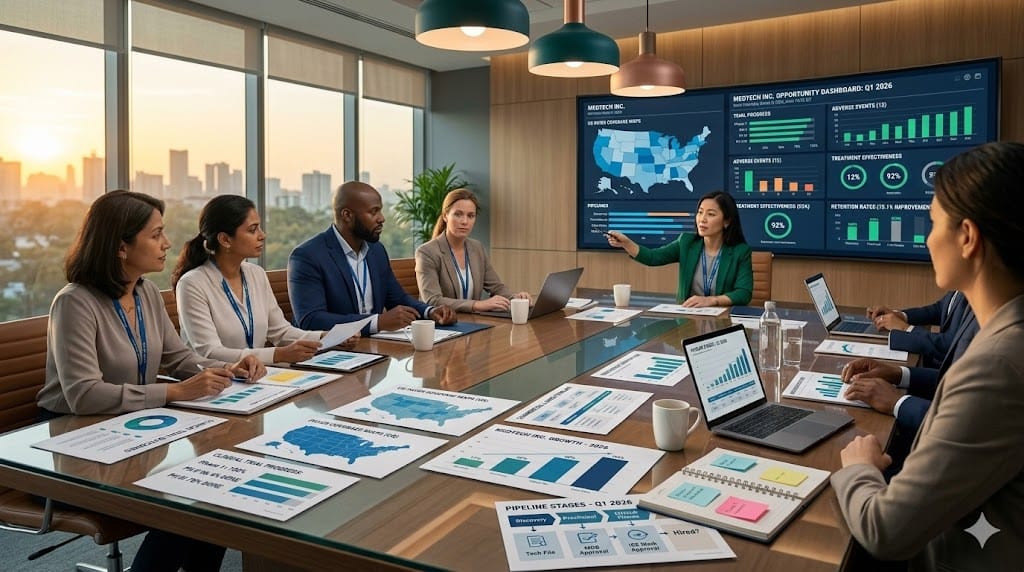 Pharmaceutical leadership team aligning market access, clinical data, and commercial strategy using dashboards and US healthcare market insights