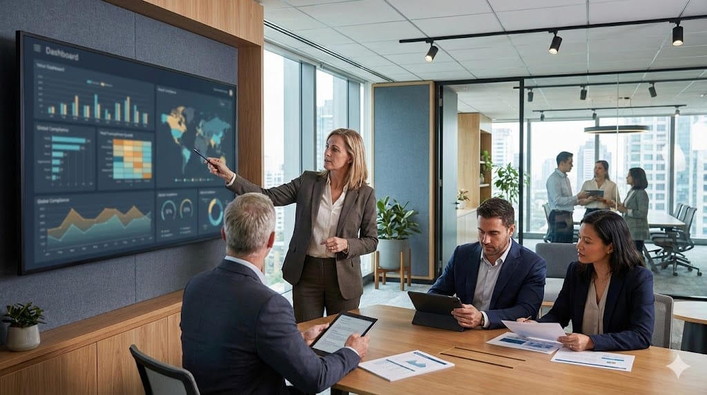 Executive or compliance team analyzing FDA and global regulatory requirements on digital dashboards in a modern office, illustrating scrutiny and regulatory strategy.