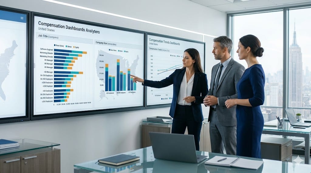 Executives analyzing salary ranges by role and company size in the United States using detailed financial dashboards.
