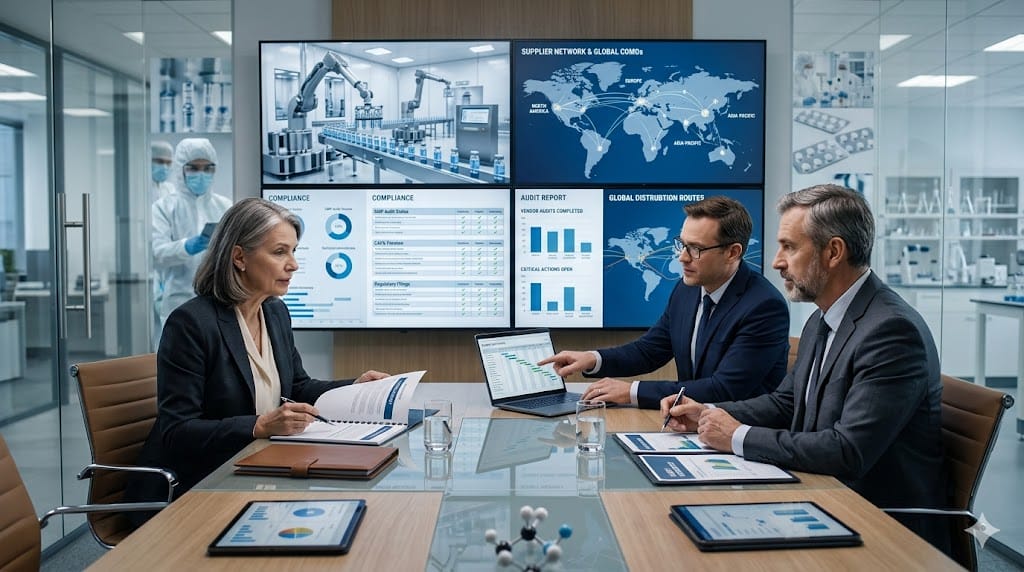 Supply chain leaders reviewing vendor and CDMO partnerships under regulatory inspection with pharmaceutical manufacturing screens, compliance data, and collaboration meeting