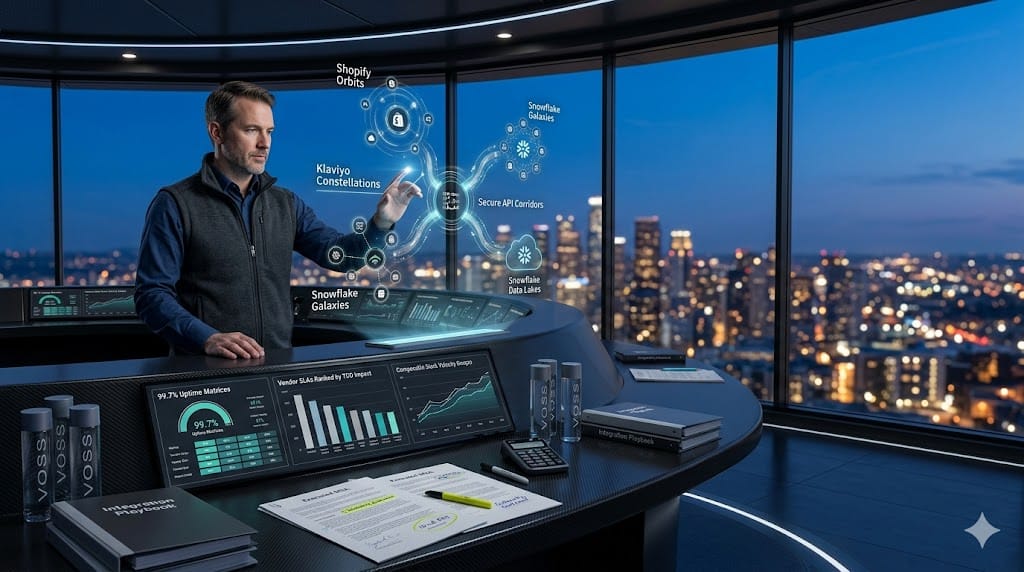 retail CTO orchestrating vendor ecosystem for technology stack optimization, balancing API integrations and SaaS partnerships in dynamic command center.