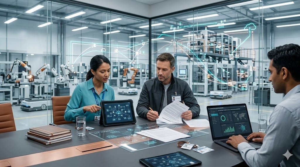 Industrial IoT vendor management concept showing smart factory network, partnership meeting, and connected devices dashboard