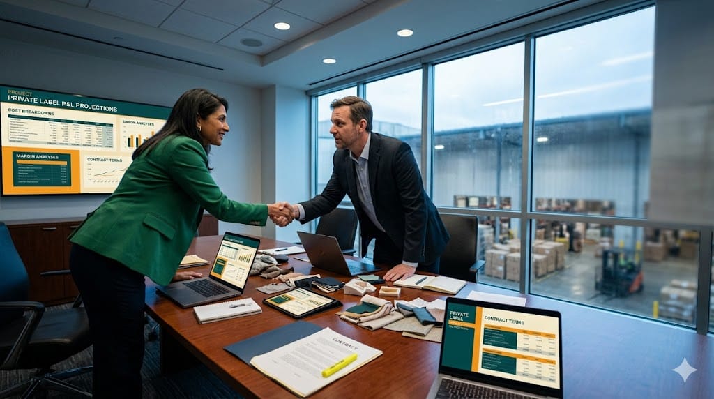 retail merchandising executives negotiating vendor contracts and reviewing private label P&L statements in a contemporary conference room.