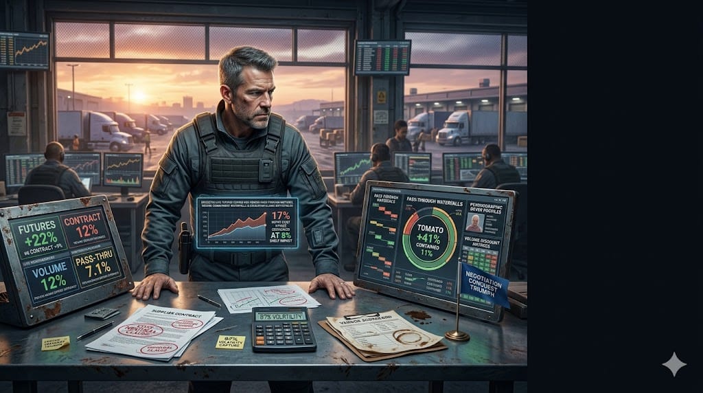 grocery procurement director mastering vendor negotiations amidst commodity volatility, balancing cost escalation clauses against volume commitment matrices.