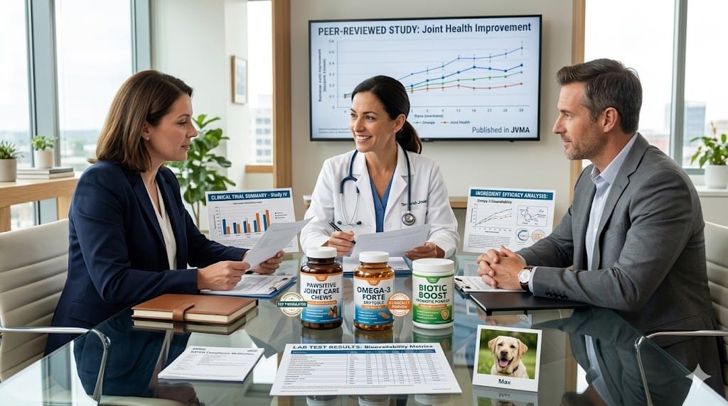 Veterinarian collaborating with wellness brand executives in modern conference room, reviewing science-backed pet supplement formulations beside premium packaging and clinical trial data visualizations