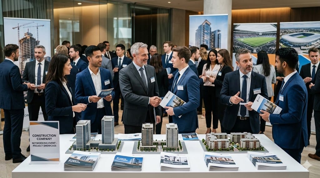 Construction executives discussing projects with clients at industry networking event