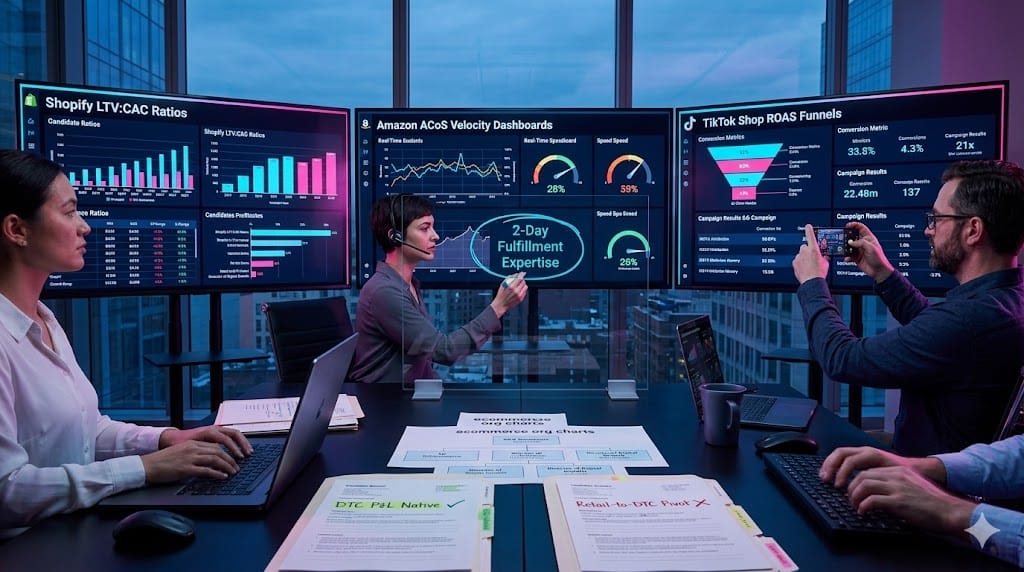 Intense ecommerce war room where CPG hiring team dissects VP E-Commerce candidate profiles across massive screens showing Shopify LTV models, Amazon velocity metrics, and TikTok ROAS dashboards while physical whiteboards map "DTC P&L Ownership" requirements against legacy retail VP skill gaps.