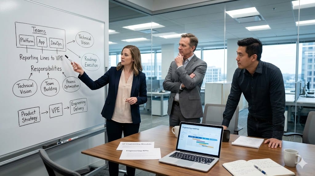 technology leaders defining engineering strategy roadmap on whiteboard in modern office meeting