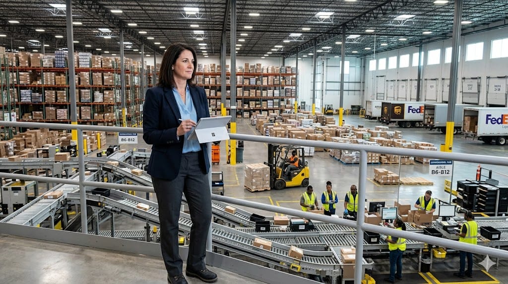 VP of Logistics reviewing omnichannel operations in a modern warehouse and distribution center