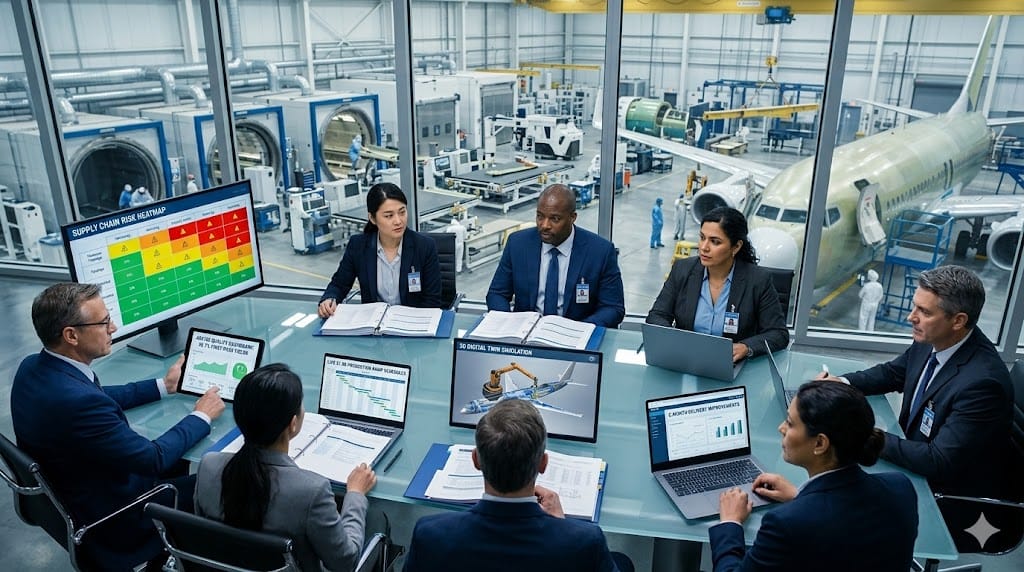 Realistic landscape photo of executive search team interviewing VP of Manufacturing candidates for aerospace production, showing cleared leaders reviewing F-35 composite layup processes, supply chain optimization models, and $2B production ramp dashboards in a secure manufacturing strategy center adjacent to active assembly lines.
