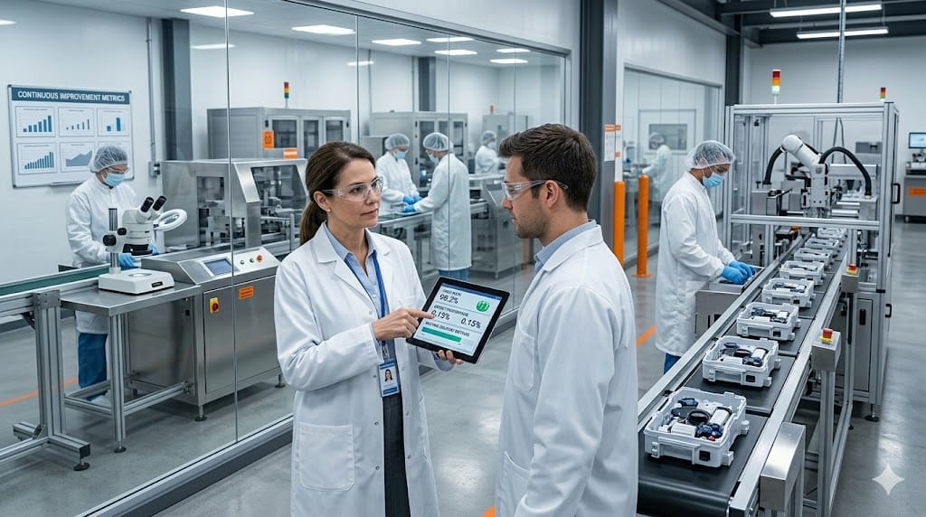 Vice President of Manufacturing reviewing medical device production line operations and quality metrics inside a modern medical device manufacturing facility.