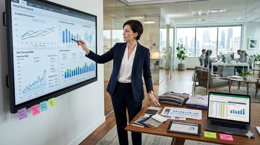 VP of merchandising planning analyzing retail sales data on digital dashboard with fashion products in modern retail office