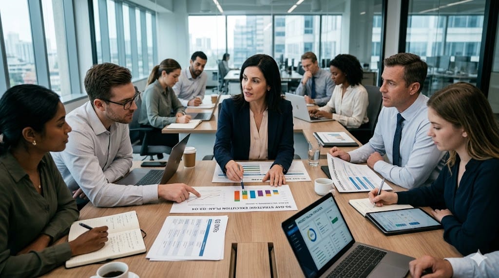 Newly onboarded VP collaborating with team to plan early strategic wins