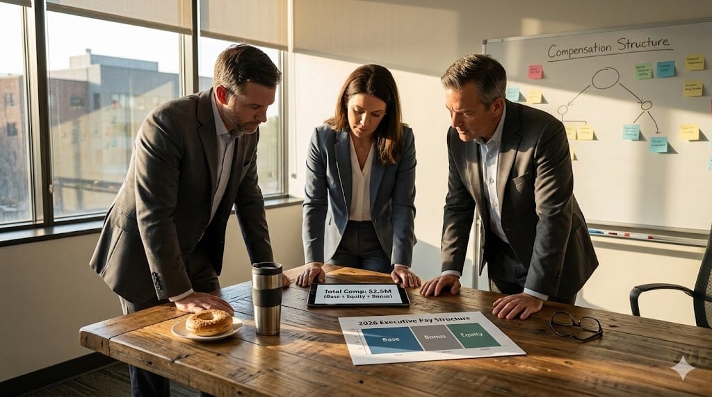 A realistic close-up shot of a modern, sunlit executive office desk where a diverse group of three professionals (two men, one woman) are reviewing a "VP Operations Compensation" document. The table holds a tablet showing "Total Comp: $2.5M (Base + Equity + Bonus" and a printed "2026 Executive Pay Structure" chart. The lighting is natural, with warm late afternoon light highlighting the texture of the paper and the focused expressions of the team. The palette should be warm and professional: muted browns, soft blues, and warm wood tones.