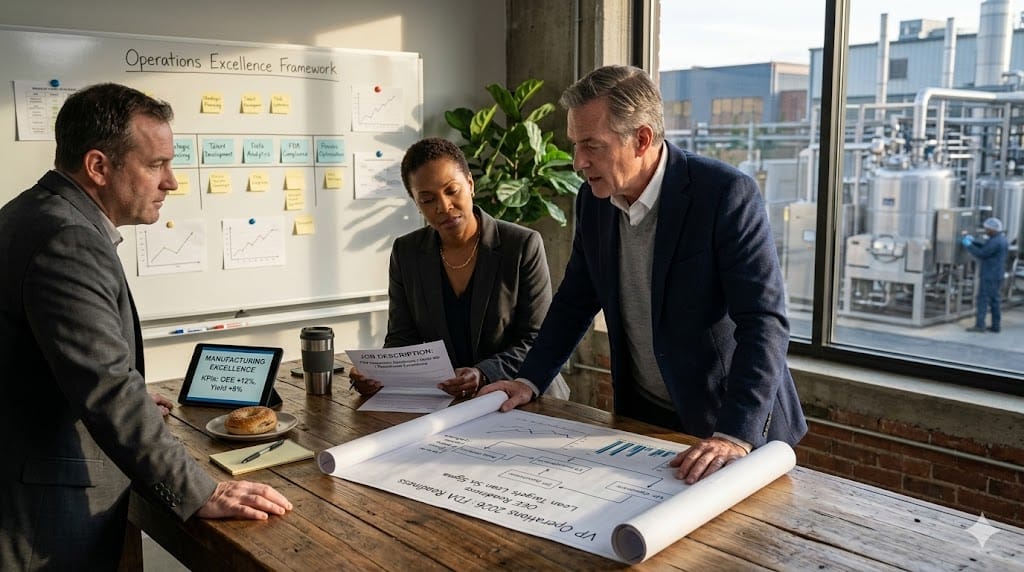 A candid scene in a modern, sunlit manufacturing office showing a diverse team of hiring managers and a candidate reviewing a "VP of Operations" job description on a large, printed blueprint. The table is cluttered with technical diagrams, a "FDA Inspection Readiness" checklist, and a half-eaten sandwich, capturing the realistic, high-stakes nature of executive hiring in pharma manufacturing.