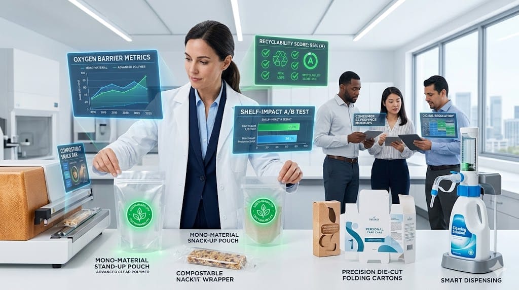Innovative VP of Packaging candidate prototyping sustainable CPG solutions, with recyclable prototypes, material testing dashboards, and consumer experience mockups in a cutting-edge R&D lab.